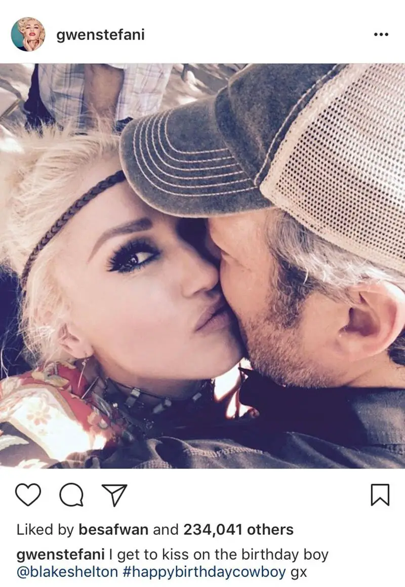 Gwen Stefani kisses Blake Shelton. Photo courtesy of @gwenstefani/Instagram