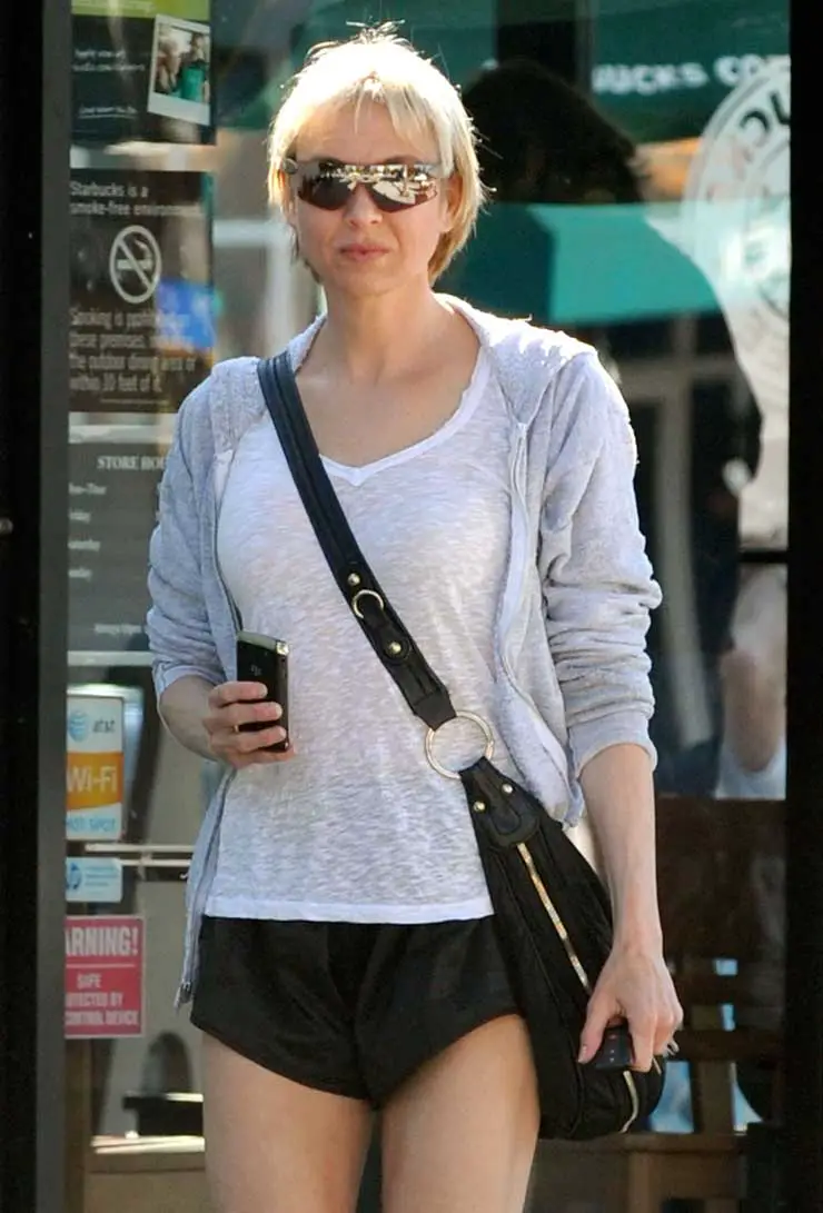 Renee Zellweger shows off her legs, as she grabs a coffee in Brentwood, LA