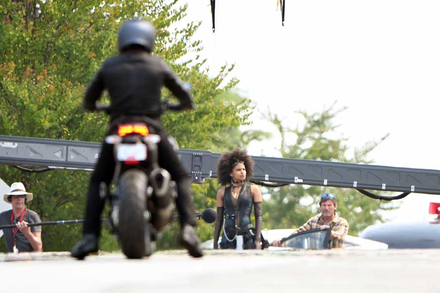 Zazie Beetz pictured confronting one of the baddies on a motorbike for Deadpool 2