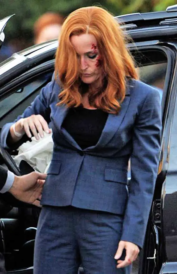 X-Files Season 11 Filming Dana Scully Gillian Anderson Car Crash Scene Bleeding