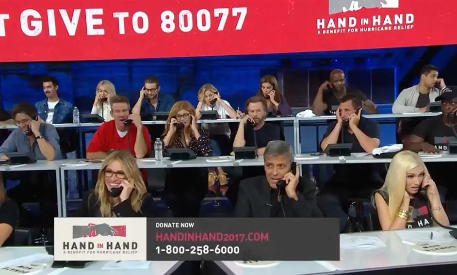 Julia Roberts George Clooney Gwen Stefani Hand in Hand Hurricane Relief Donate