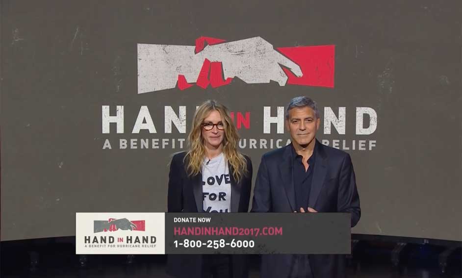 Julia Roberts George Clooney Hand in Hand Hurricane Relief Donate