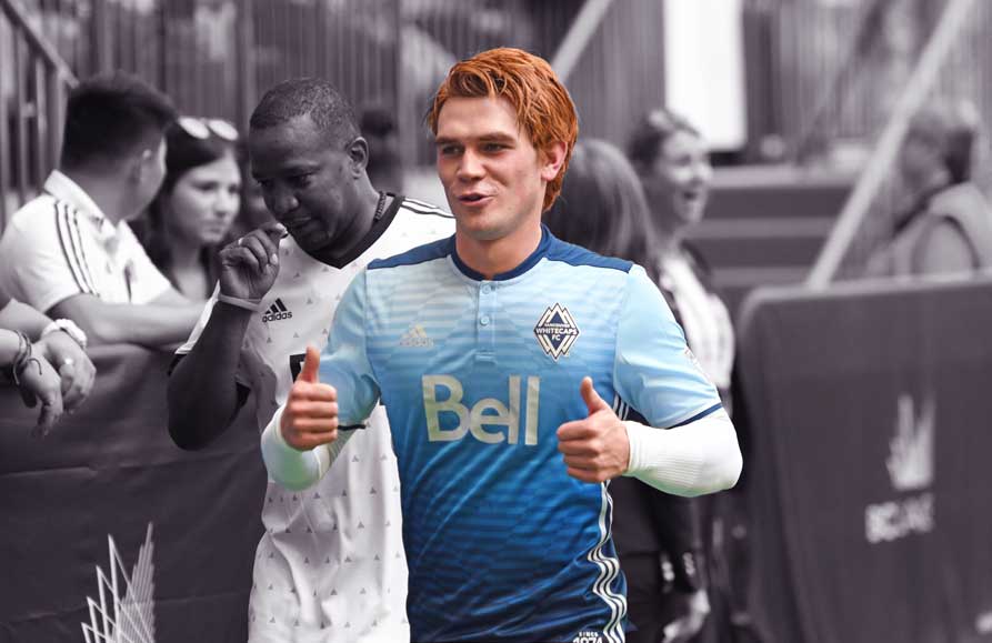 Riverdale's KJ Apa turned out for the Vancouver Whitecaps FC in a charity match scoring a goal and taking selfies with fans