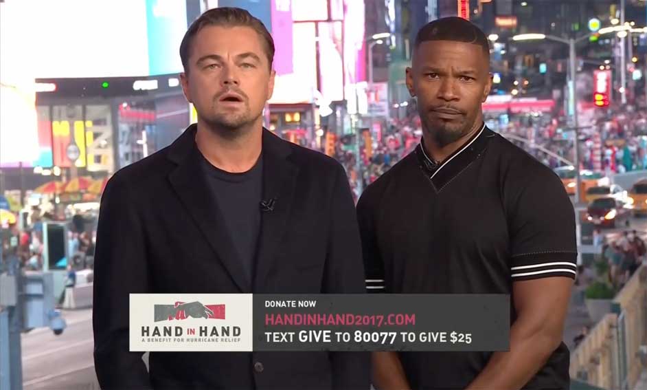 Leonardo Di Caprio Jamie Foxx Hand in Hand Hurricane Relief Donate