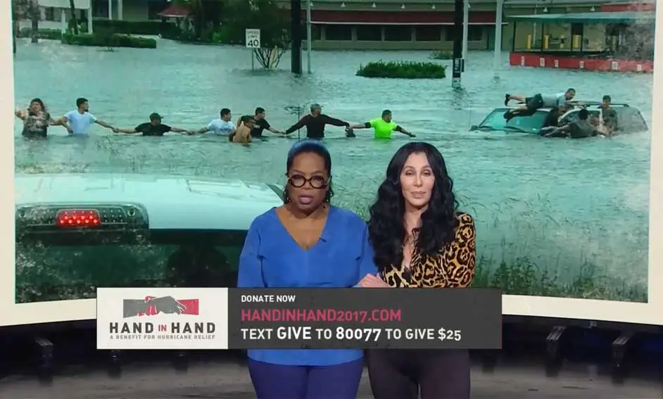 Oprah Winfrey Cher Hand in Hand Hurricane Relief Donate