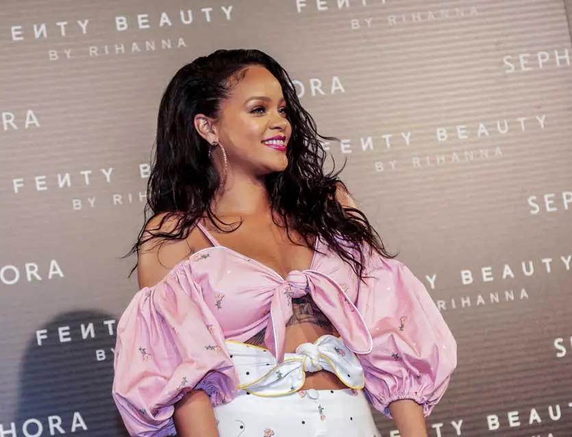 Rihanna Fenty Beauty Launch Tattoos Cleavage Marianna Senchina Dress Madrid Spain Olgana Paris shoes Chopard jewelry