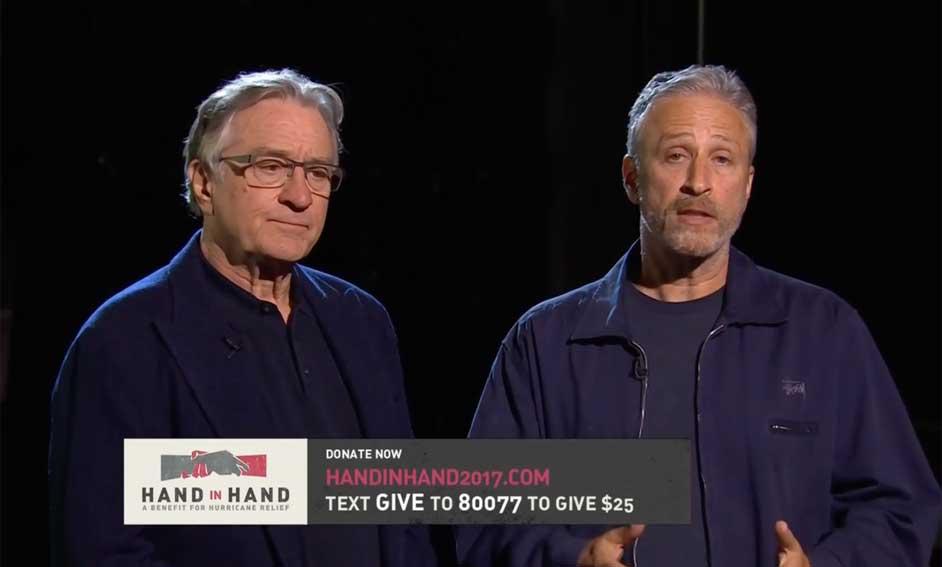 Robert De Niro John Stewart Hand in Hand Hurricane Relief Donate