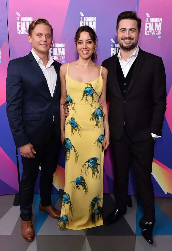 Matt Spicer Aubrey Plaza Prada Dress Blue Roses Billy Magnussen Ingrid Goes West Premiere London BFI Film Festival