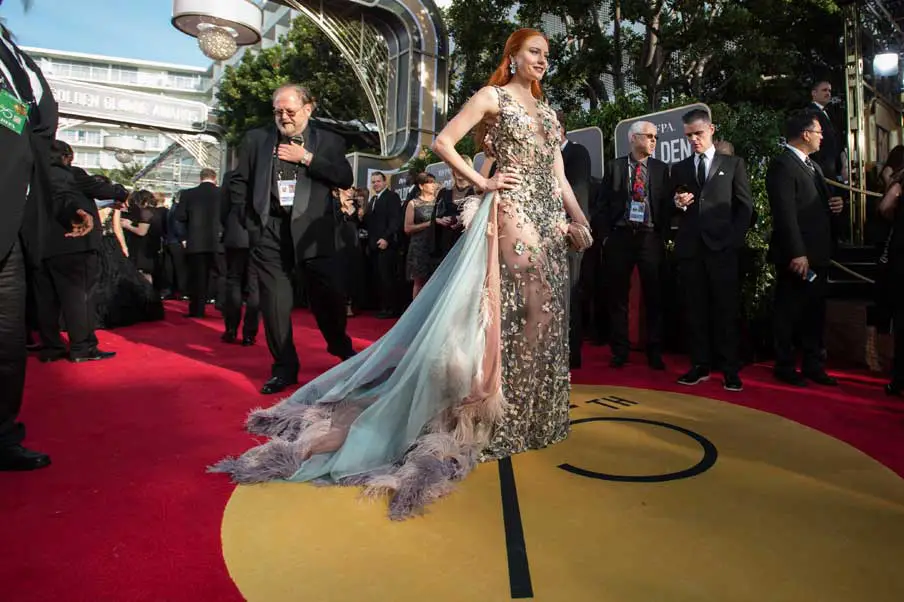 Three women decided not to dress in black at the 2018 Golden Globes including Blanco Blanca, Meher Tatna and Germany's Next Top Model winner Barbara Meier (pictured) © HFPA