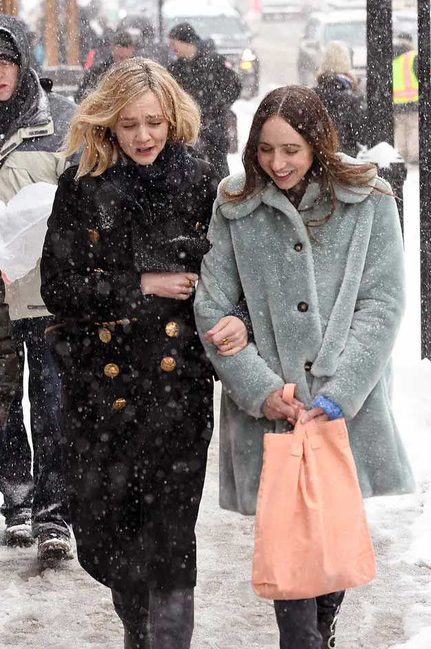 Carey Mulligan held on to friend and co-star Zoe Kazan as they braved the snow in Park City, Utah