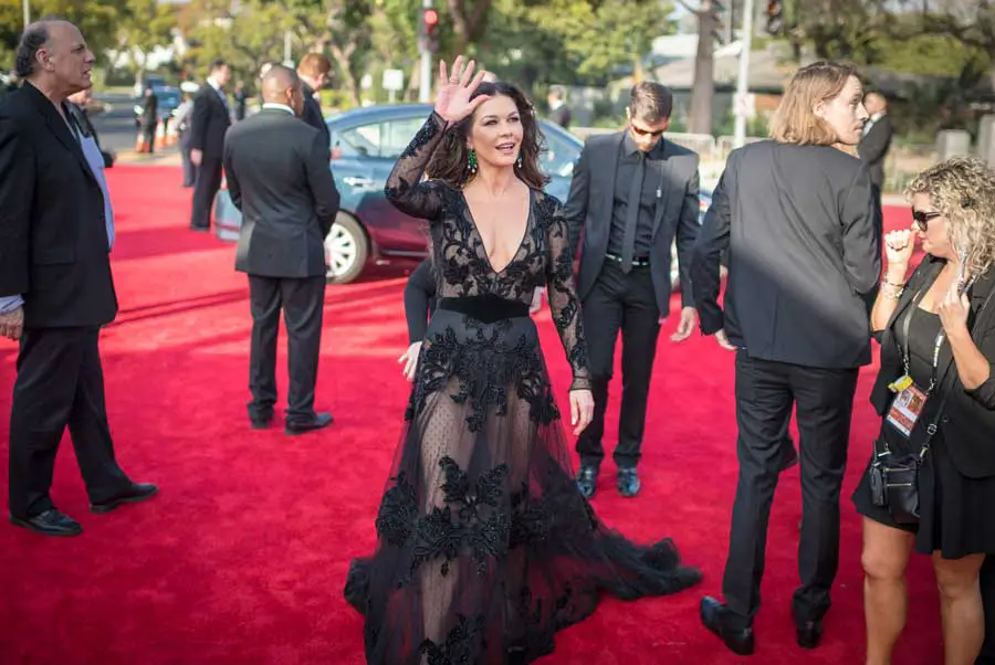 Catherine Zeta-Jones turned heads in a sheer and eye-catching see through Zuhair Murad Fall 2017 black dress © HFPA