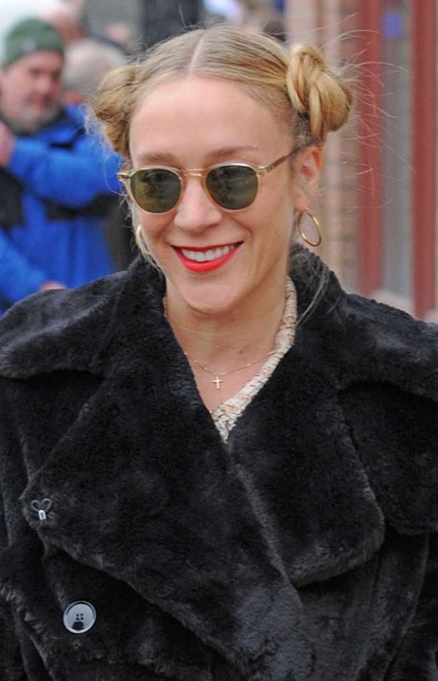 Chloe Sevigny Black Fur Coat Pigtail Buns Sunglasses Promoting Lizzie at Sundance Film Festival