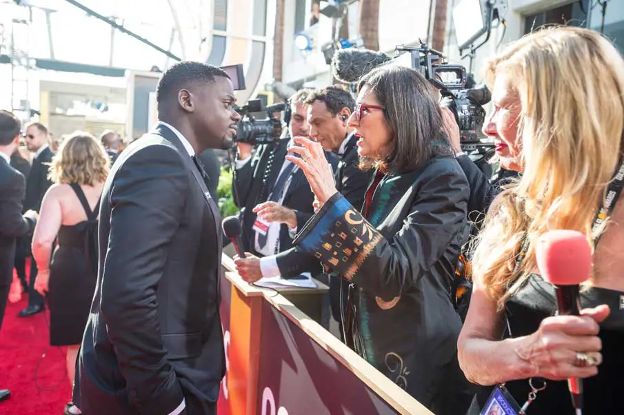 Daniel Kaluuya wore Gucci as he chatted to the press on the red carpet of the Golden Globes © HFPA