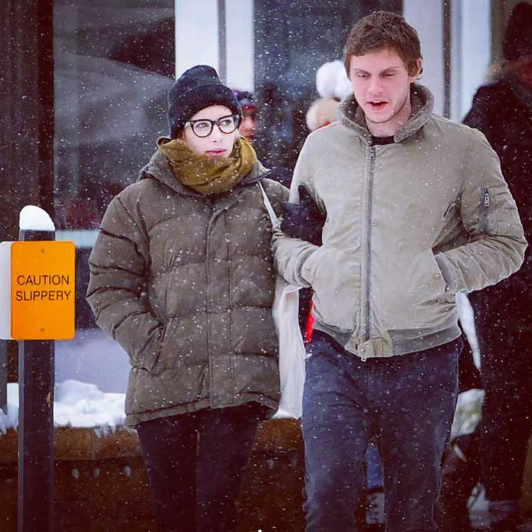 Caution Slippery! Emma Roberts held on to Fiance Evan Peters so she didn't fall on the slipper ice