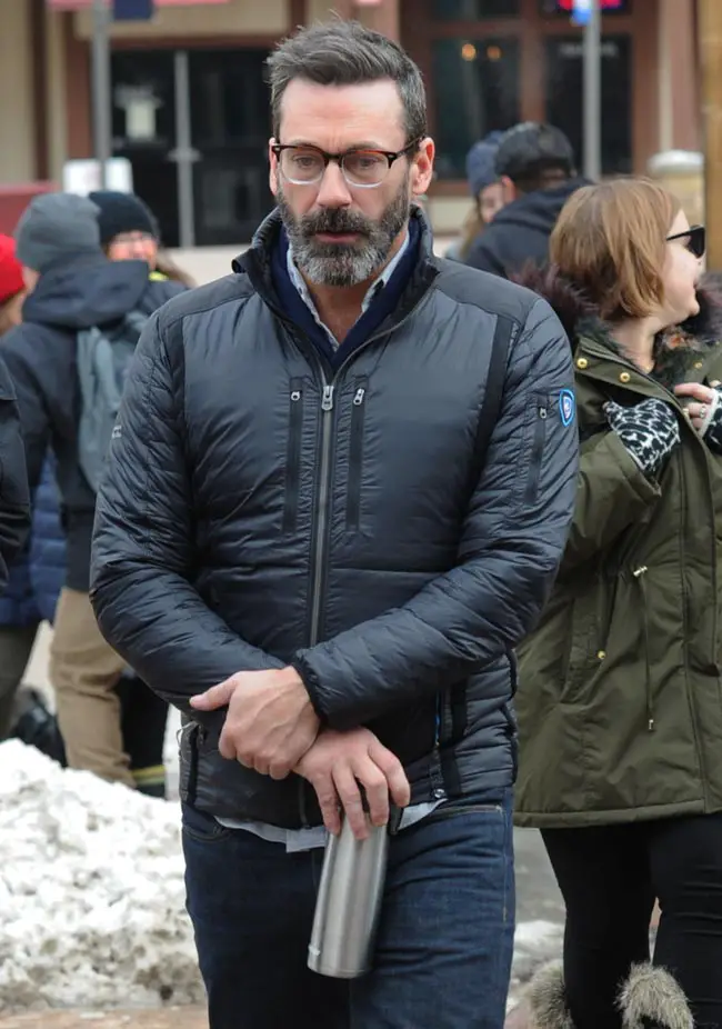Jon Hamm pulled off the rugged new look, which he paired with glasses and a casual, but hopefully warm, outfit