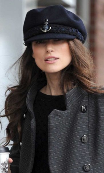 Keira Knightly Chanel Sailor Cap Chanel long lined coat pre-fall 2018 promoting Colette at Sundance Film Festival in Park City Utah