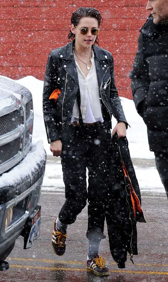 Kristen Stewart Stomach Snow Fashion Leather Jacket Adidas Sneakers Jillian Dempsey Punk Lock Necklace Sundance Film Festival Hair