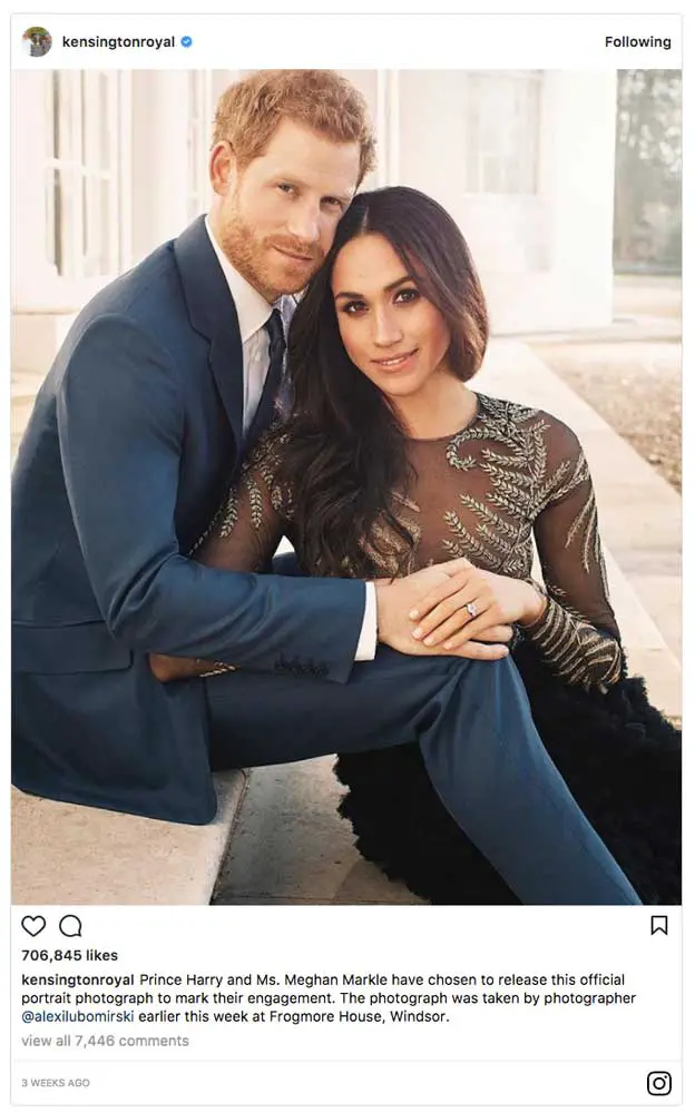 Prince Harry and Ms. Meghan Markle have chosen to release this official portrait photograph to mark their engagement - Photo courtesy of Instagram / Kensington Palace / Alexi Lubomirski