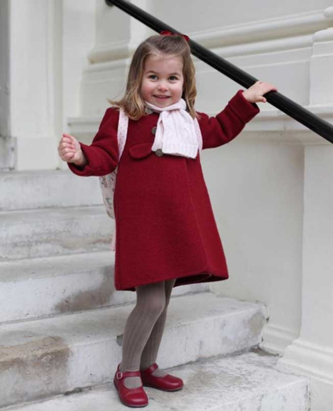 First day fashion! Princess Charlotte's Mary Jane style shoes cost £27 and are from Spanish company Dona Carmen and her sweet backpack is £12 from Cath Kidston - Photo courtesy of Kensington Palace / Instagram