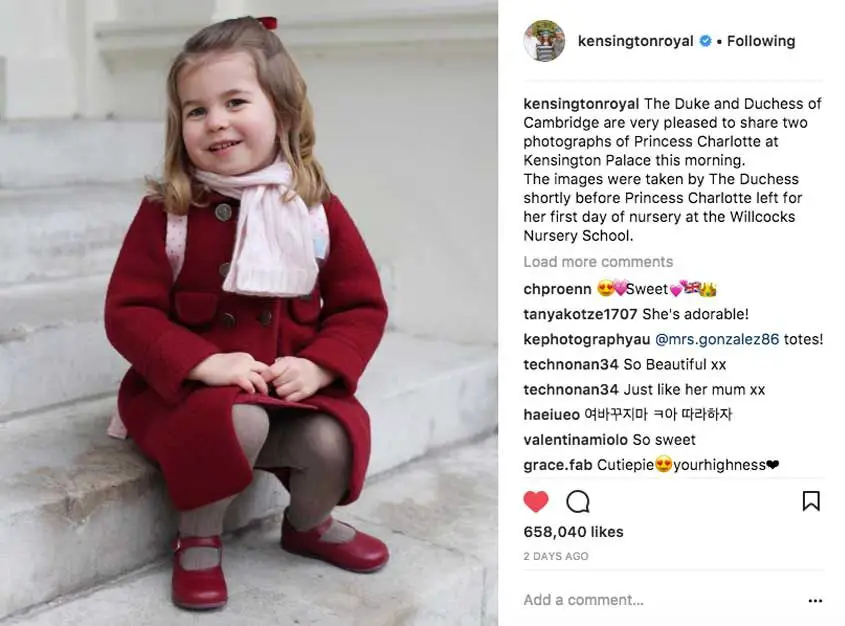 Princess Charlotte has started nursery and her parents, Prince William and Kate Middleton shared some snaps from her first day - Photo courtesy of Kensington Palace / Instagram