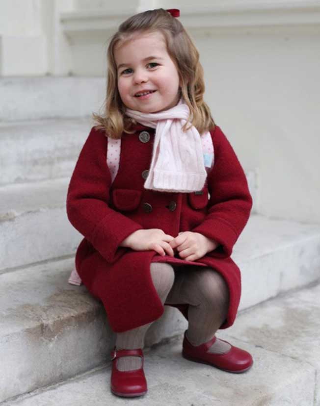 Princess Charlotte's first day of nursery school! Her Mary Jane style shoes cost £27 and are from Spanish company Dona Carmen and her sweet backpack is £12 from Cath Kidston - Photo courtesy of Kensington Palace / Instagram