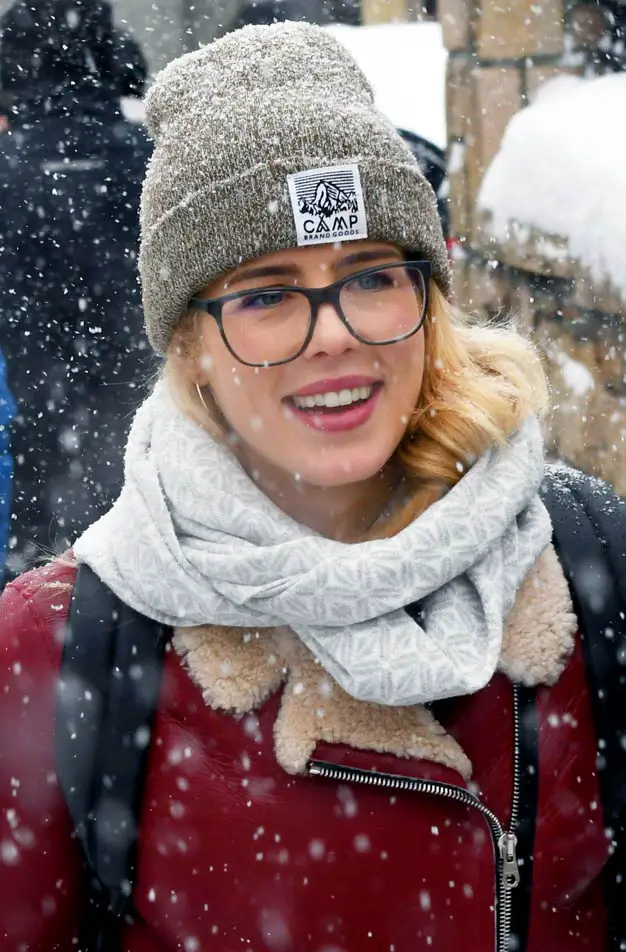 Emily Bett Rickards Promoting Funny Story Wearing a Camp Brand Goods Winter Hat Beanie and Glasses She plays Felicity Smoak