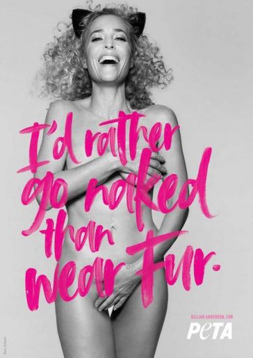 Gillian Anderson Goes Nude in PETA advert by photographer Rankin with "I'd Rather Go Naked Than War Fur" wearing Cat Ears