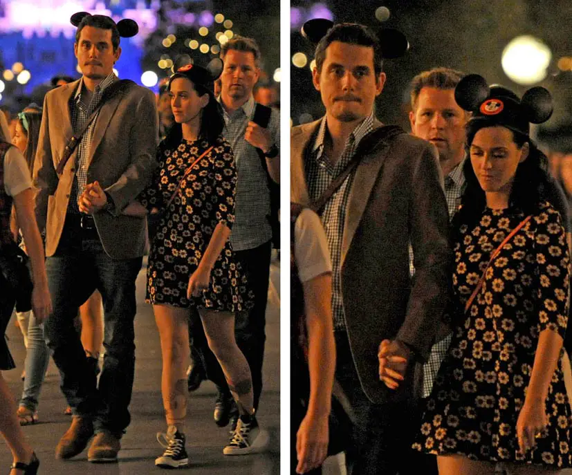Katy Perry John Mayer Date Mickey Mouse Ears girlfriend boyfriend at Disneyland with Katy wearing Minnie Mouse tights and short dress converse sneakers