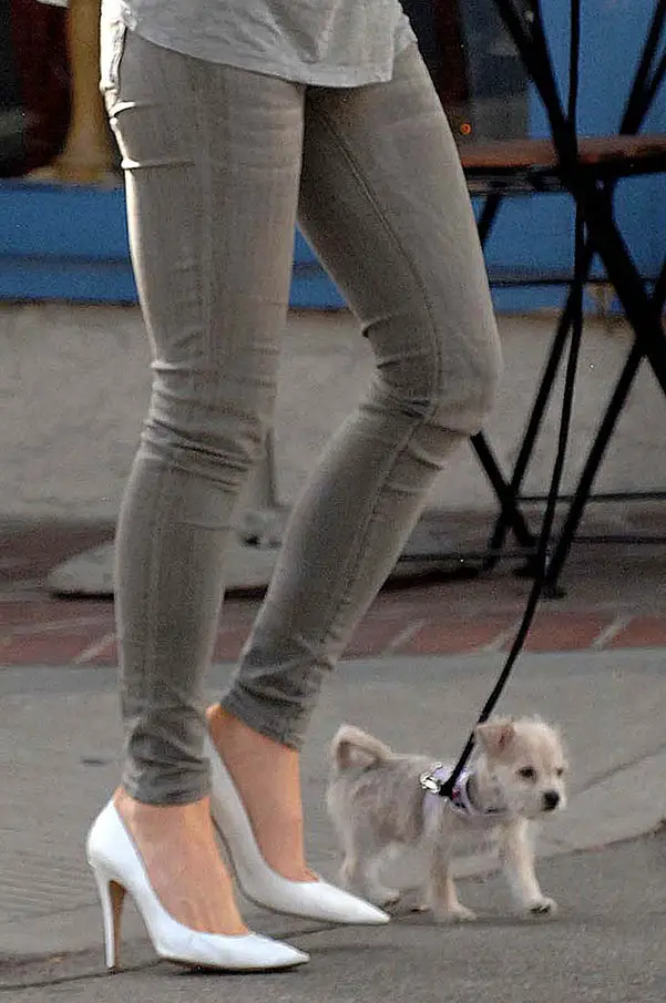 Kate Beckinsale walking Puppy dog Ingrid Wearing Heels skinny jeans and a vest showing off her fashion in Sunglasses