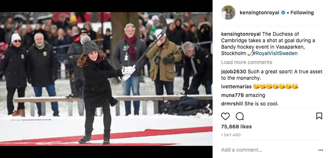 Prince William Kate Middleton Duchess of Cambridge bandy hockey event at Vasaparken in central Stockholm