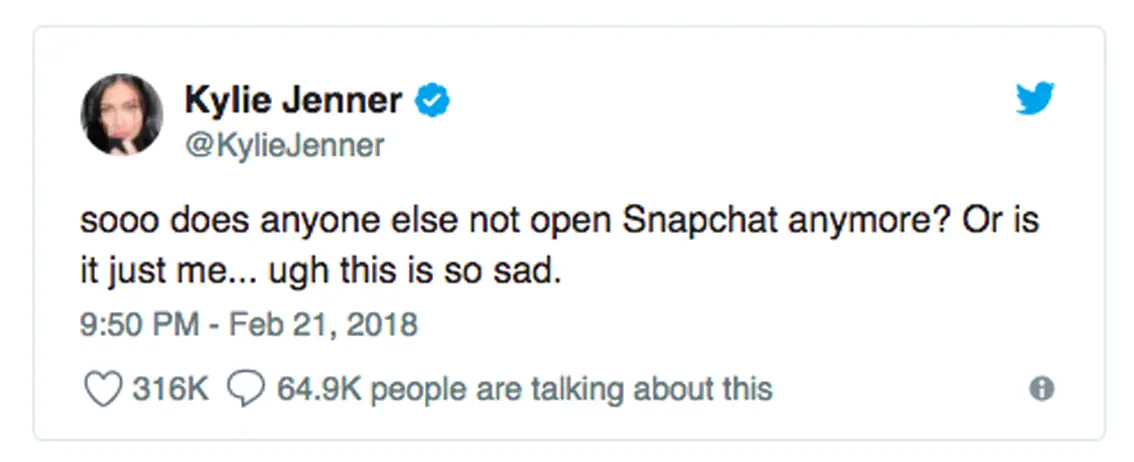 Kylie Jenner tweeted “sooo does anyone else not open Snapchat anymore? Or is it just me…ugh this is so sad.” - Photo Courtesy of Twitter / @KylieJenner