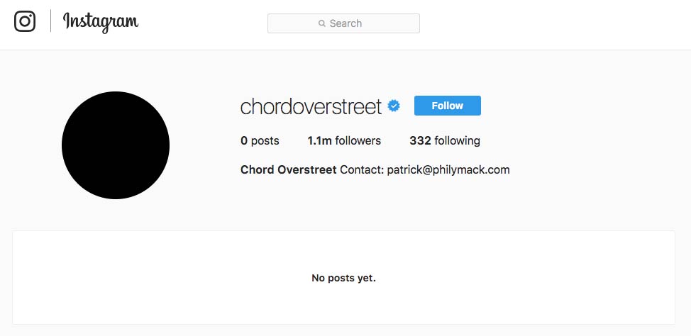 Chord Overstreet's official Instagram account has a black circle for his profile, 0 posts and 1.1 million followers! - Photo courtesy of Instagram / @chordoverstreet