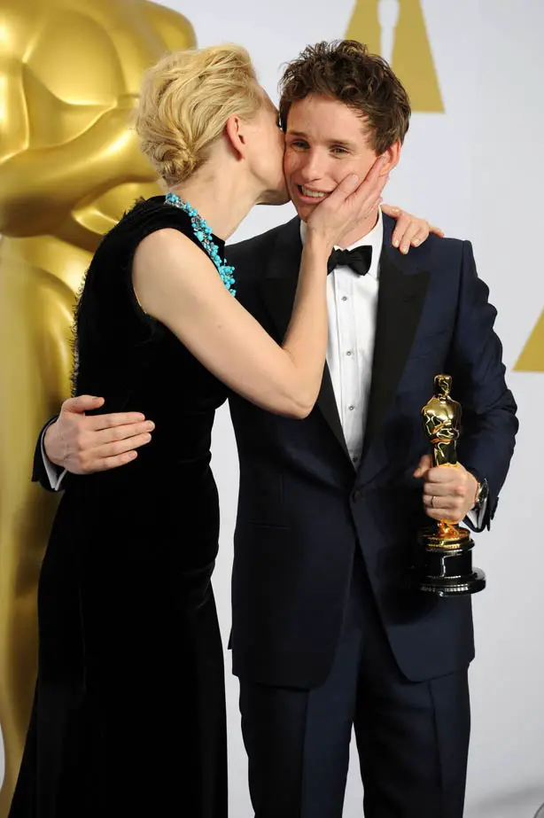 Give him a smacker! Eddie Redmayne was given a congratulatory kiss by Cate-Blanchett for winning his Academy Award
