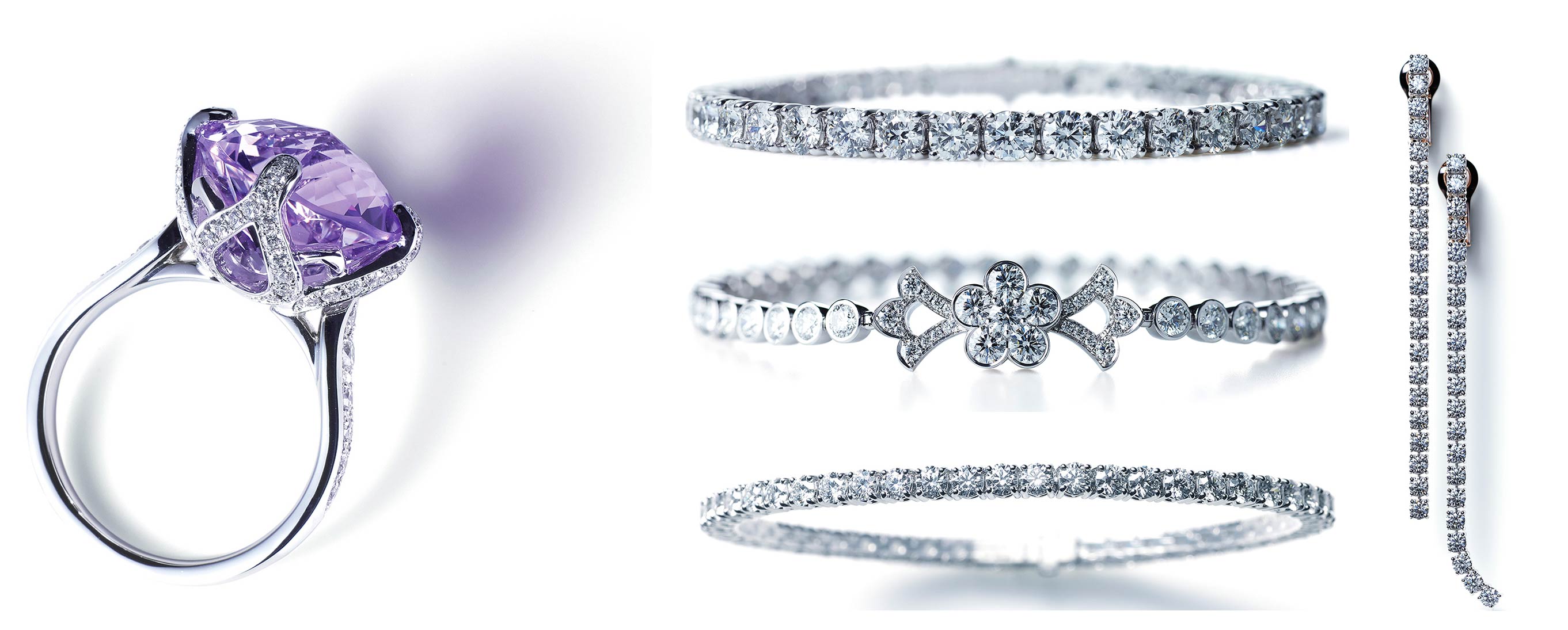 The stunning Niwaka diamond jewelry features KUON earrings, a SUIREN ring, a KUON bracelet and a UMEUTAGE bracelet -Photos courtesy of Niwaka / Image.net
