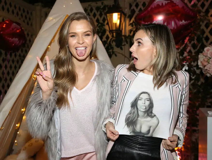 Double vision! Keltie Knight wore a T-shirt with a picture of Josephine Skriver who was standing next to her! Cleavage lingerie pose
