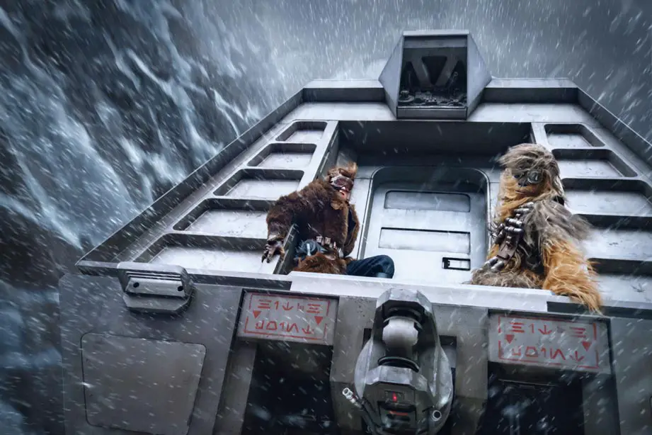 Solo: A Star Wars Story Stills 'Hitch Point'! Written in Aurebesh Han and Chewbacca pictured what they do best Smuggling!
