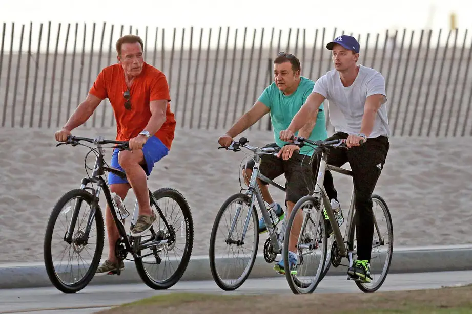 Arnold Schwarzenegger Open Heart surgery Arnold Schwarzenegger and Patrick Schwarzenegger enjoyed some father/son time cycling in Venice Beach, Los Angeles