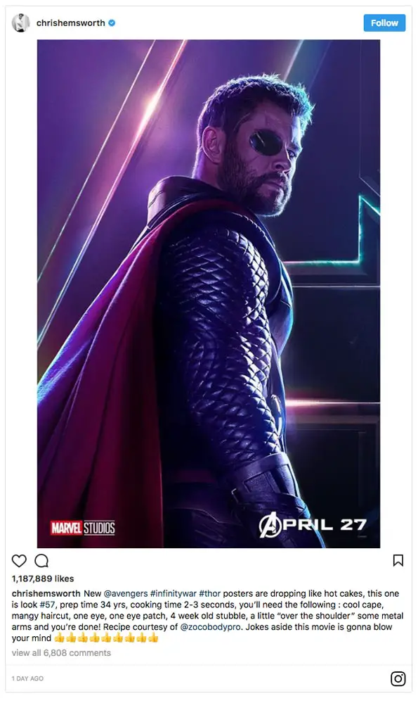 Chris Hemsworth posted this funny image writing "You’ll need the following : cool cape, mangy haircut, one eye, one eye patch, 4 week old stubble, a little “over the shoulder” some metal arms and you’re done!" - Photo courtesy of @chrishemsworth / Instagram