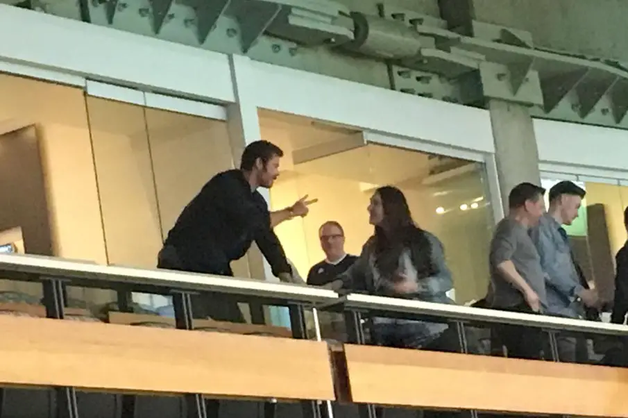 Chris Hemsworth at Vancouver Whitecaps game in Canada with Mustache and there to star in Bad Times at the El Royale