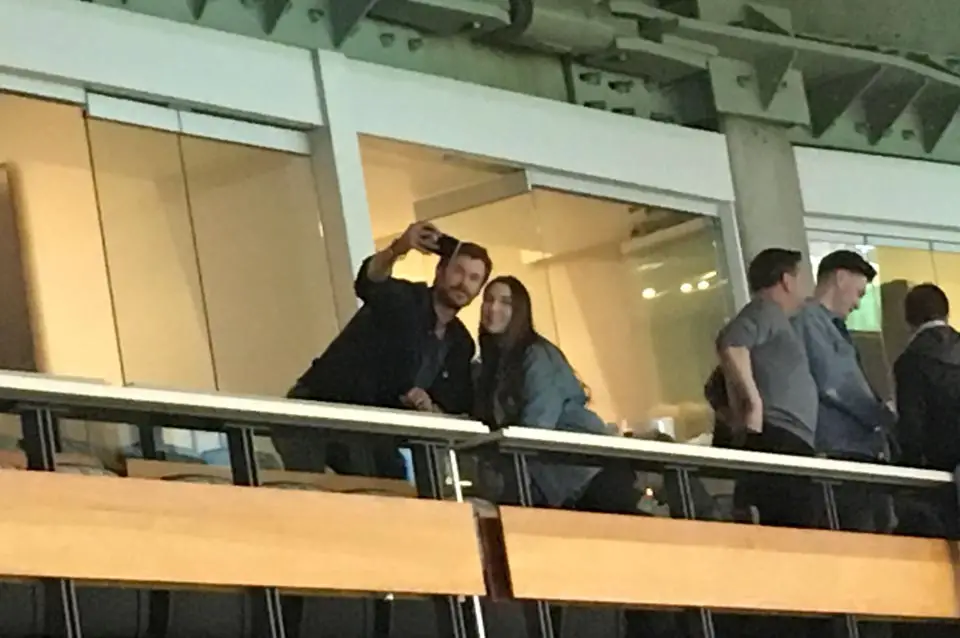 Chris Hemsworth at Vancouver Whitecaps game in Canada with Mustache and there to star in Bad Times at the El Royale selfie with a fan
