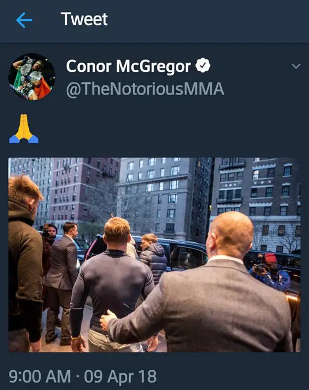 Conor McGregor tweeted a Pray Emoticon after his arrest in New York. He later deleted it - Photo courtesy of @TheNotoriousMMA / Twitter