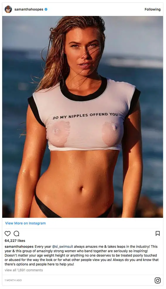 Samantha Hoopes fashions a tiny see-through t-shirt that reads "Do My Nipples Offend You" written on it