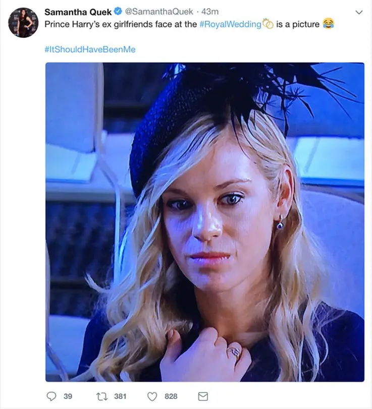 Prince Harry's ex-girlfriend, Chelsy Davy, was at the wedding and social media lit up after the cameras captured her looking less than impressed! Photo courtesy of @SamanthaQuek / Twitter