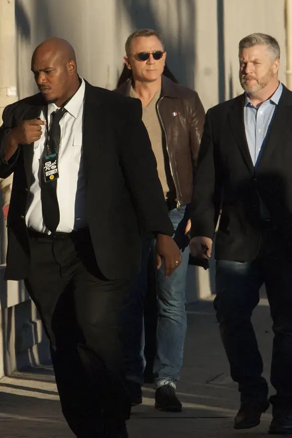 Bond star Daniel Craig needed his own security here as he walked into an interview with Jimmy Kimmel in Hollywood, Los Angeles © Atlantic Images