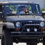 David Beckham had a baseball cap backwards as he drive his Jeep Wrangler © Atlantic Images