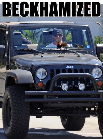 David Beckham had a baseball cap backwards as he drive his Jeep Wrangler © Atlantic Images