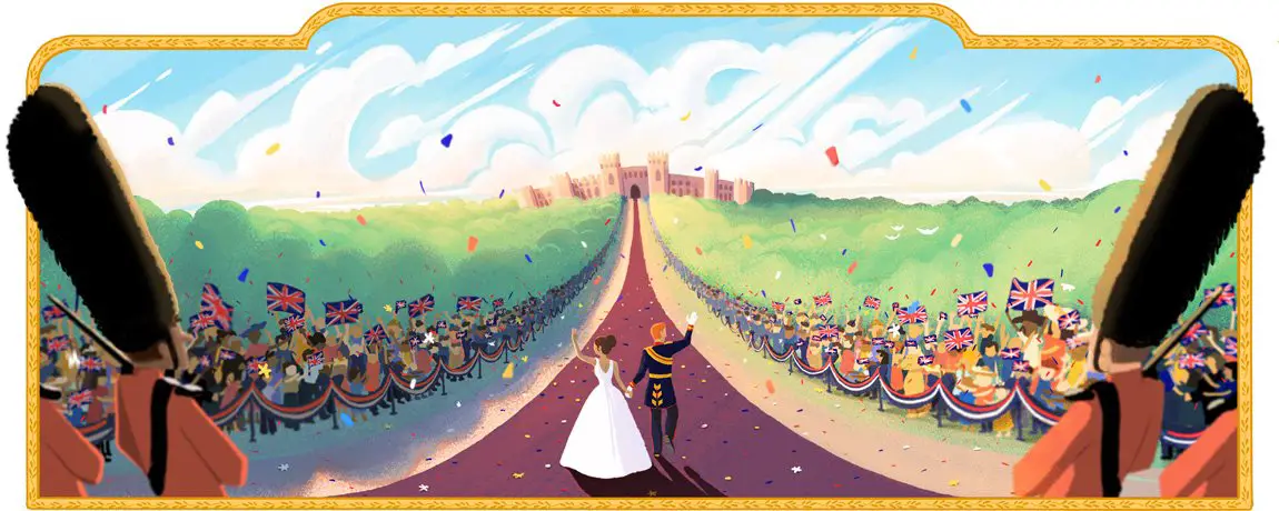 The Royal Wedding Google Doodle depicts the newlyweds waving to well-wishers, who have gathered to join in the celebrations along the Long Walk by Vrinda V Zaveri!