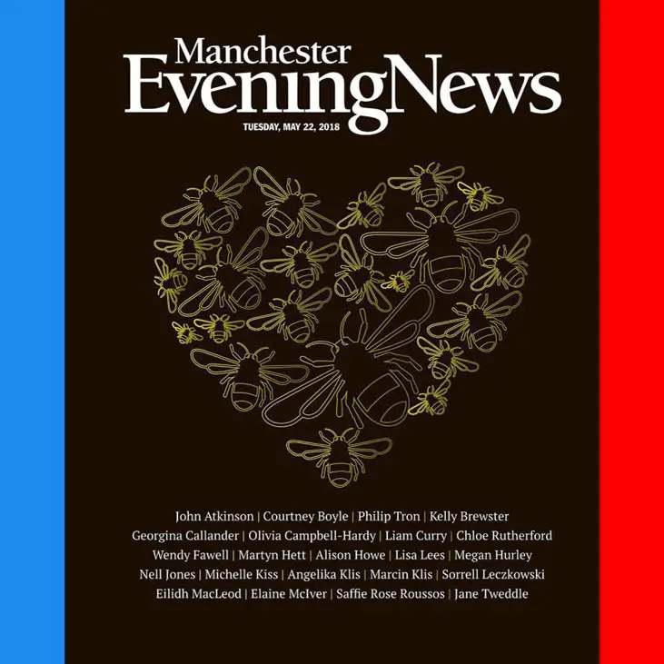The Manchester Evening News published this striking front cover a year after the attacks with the iconic Bees forming a heart - Picture courtesy of Metro / Manchester Evening News