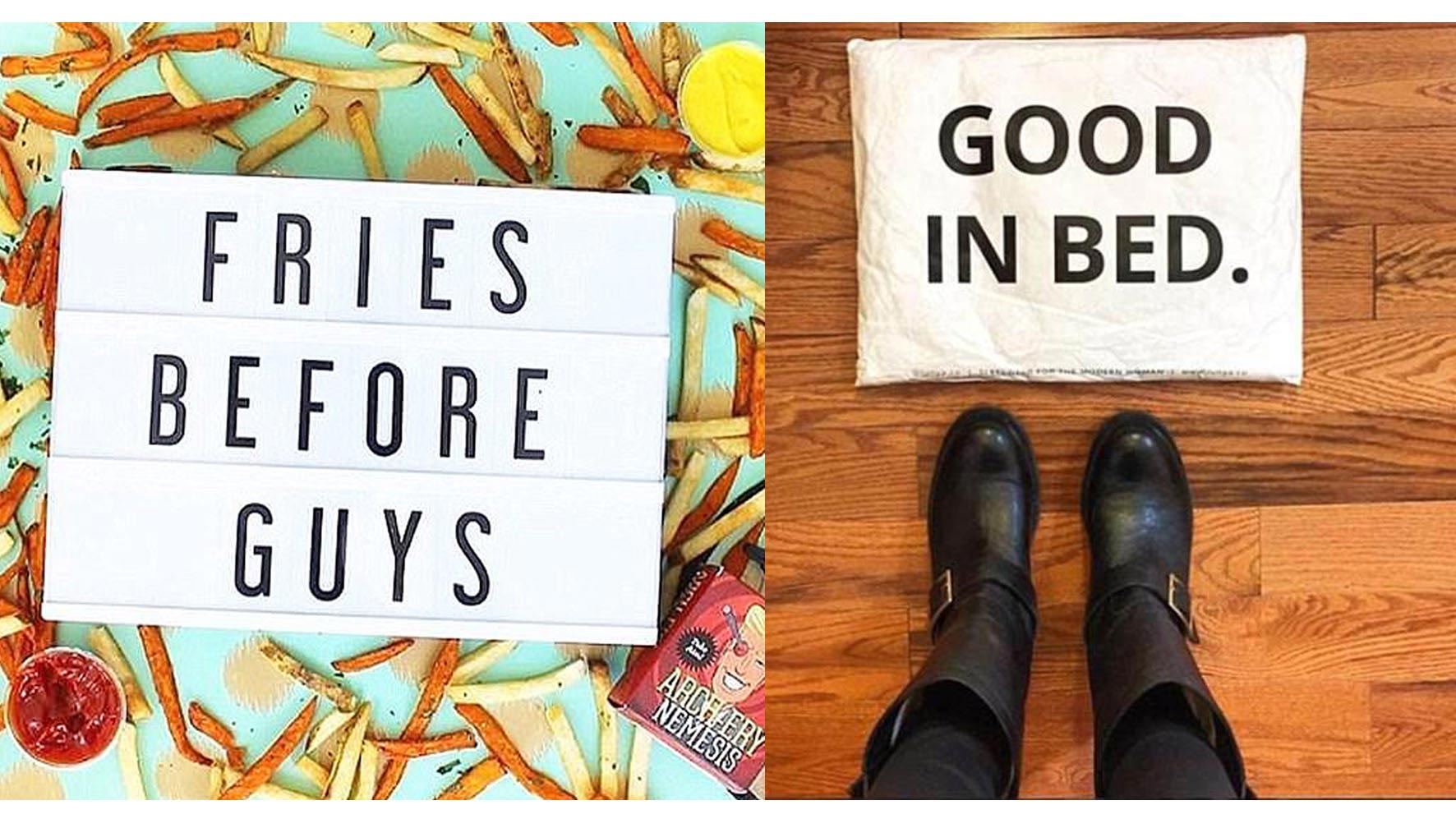 Meghan showed off her sense of humor and cheeky side with the messages "Fries Before Guys" and "Good In Bed" - Photo courtesy of @meghanmarkle / Instagram