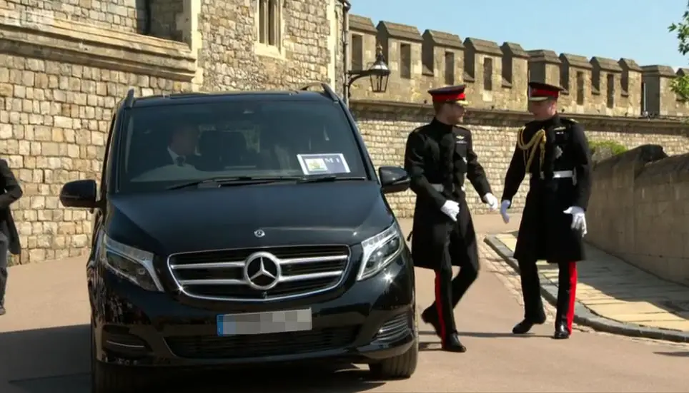 Arriving in...style? Prince Harry and best man Prince William arrived in a low key Mercedes van rather than upstage Meghan - Images courtesy of © BBC